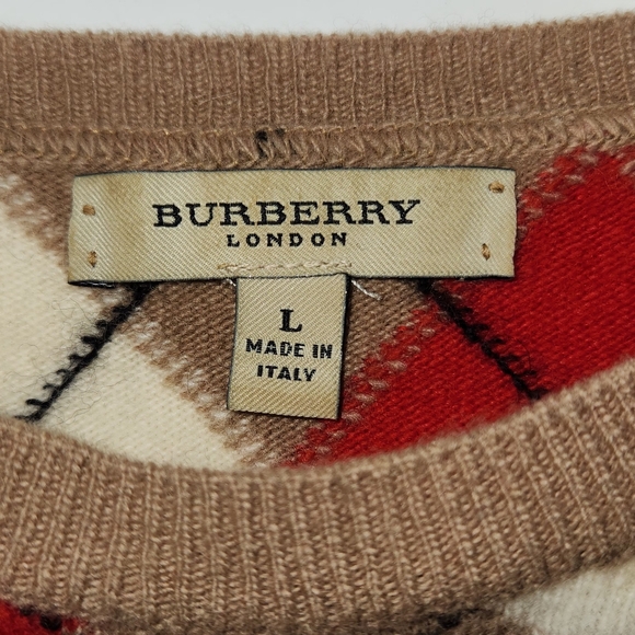 Burberry Vintage 100% Wool Argyle Pullover Sweater In Tan, Red and White Size L - Picture 6 of 10
